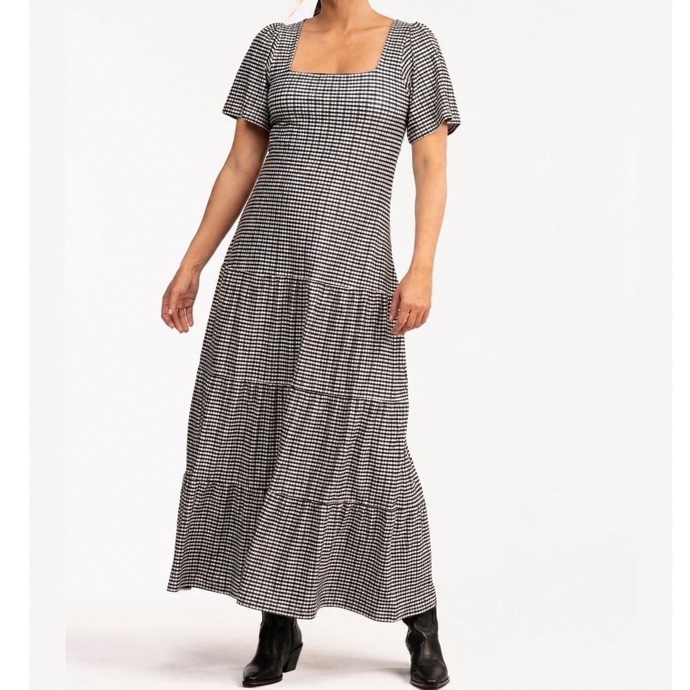Smith & Quinn Lane Maxi Dress French Gingham Black White Tiered Square Neck L